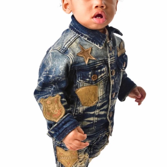 BOYS’ MOTO JACKET WITH PATCHES-INDIGO - Picture 8 of 8